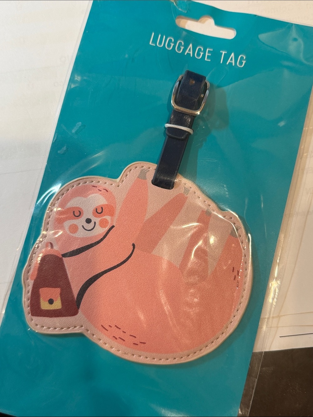 Pink Sloth Luggage Tag with Navy Strap